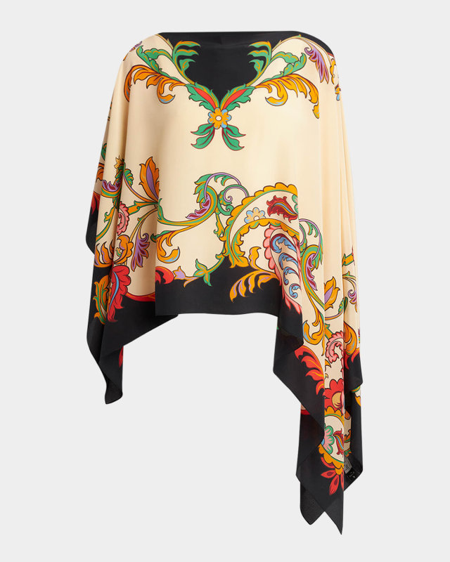 Asymmetric Printed Silk Poncho